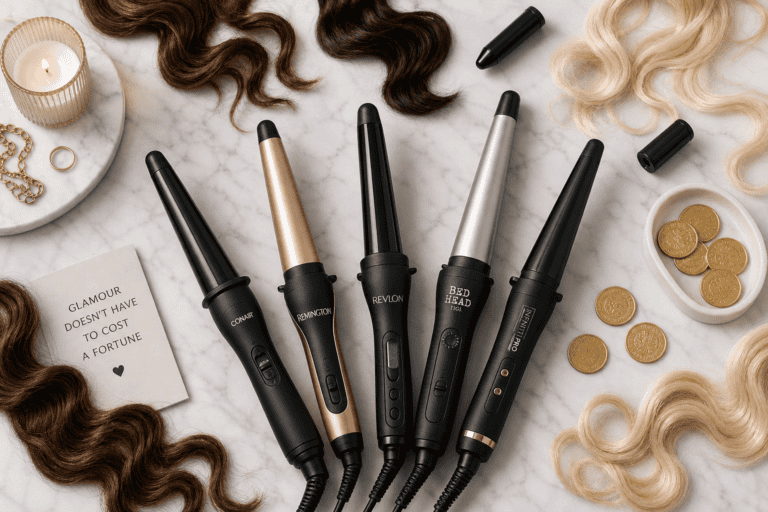 Five curling wands from Conair, Remington, Revlon, Bed Head by TIGI, and Infiniti Pro arranged on a marble surface with styled hair and a note reading Glamour doesn't have to cost a fortune