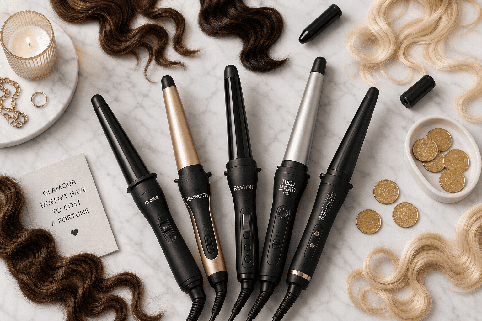 Five curling wands from Conair, Remington, Revlon, Bed Head by TIGI, and Infiniti Pro arranged on a marble surface with styled hair and a note reading Glamour doesn't have to cost a fortune