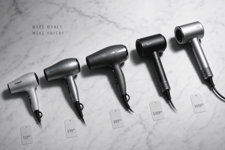 Five hair dryers lined up by price from $19.99 (Conair) to $39.99 (Revlon), $89.99 (InfinitiPro), $399.99 (Dyson), and $599.99 (Ulike), with the caption "More Money. More Dryer?