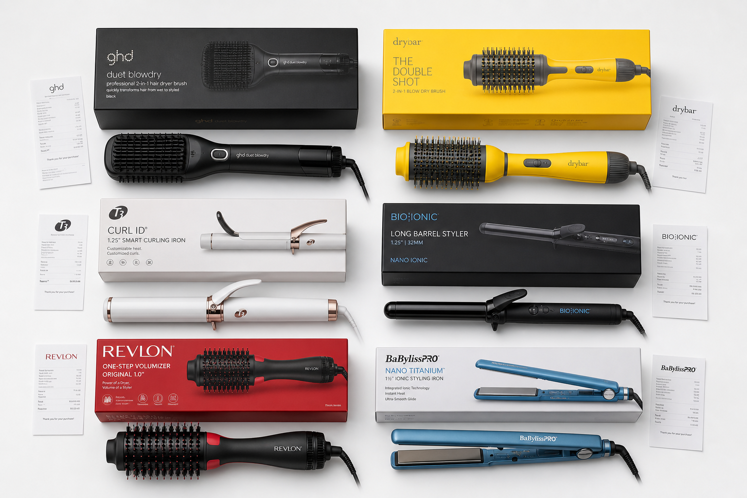 Flat lay of six hair styling tools with boxes and receipts: GHD Duet Blowdry brush, Drybar Double Shot blow dry brush, T3 Curl ID curling iron, Bio Ionic Long Barrel Styler, Revlon One-Step Volumizer, and BaBylissPRO Nano Titanium flat iron