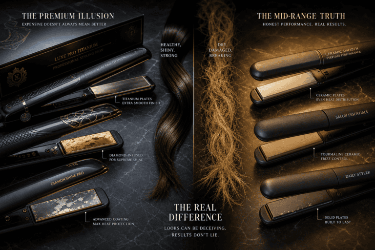 Infographic comparing premium flat irons causing dry, damaged hair versus mid-range ceramic and tourmaline stylers delivering healthy, shiny results