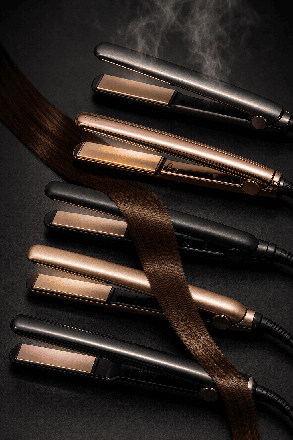 Multiple hair straighteners in silver, rose gold, and black with gold plates arranged with a strand of brown hair and steam rising