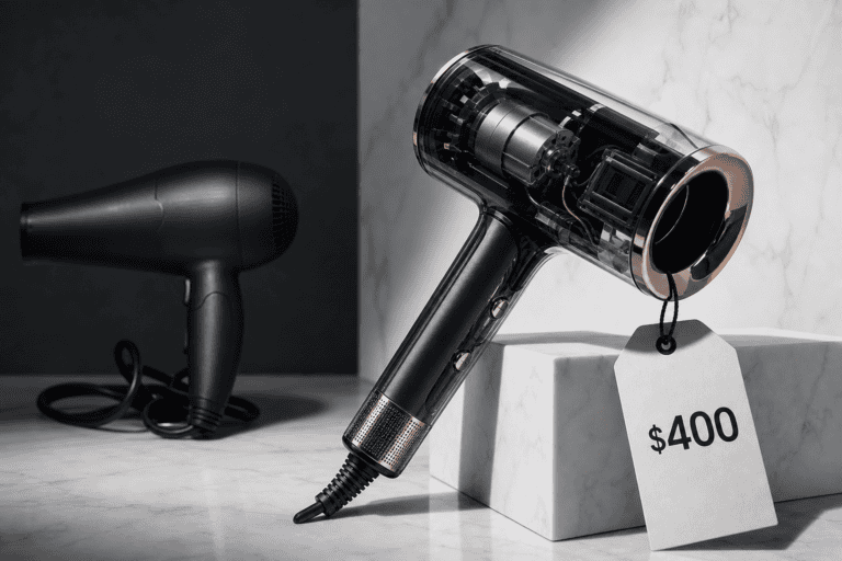 Premium hair dryer with transparent body revealing internal components, priced at $400, beside a basic black hair dryer