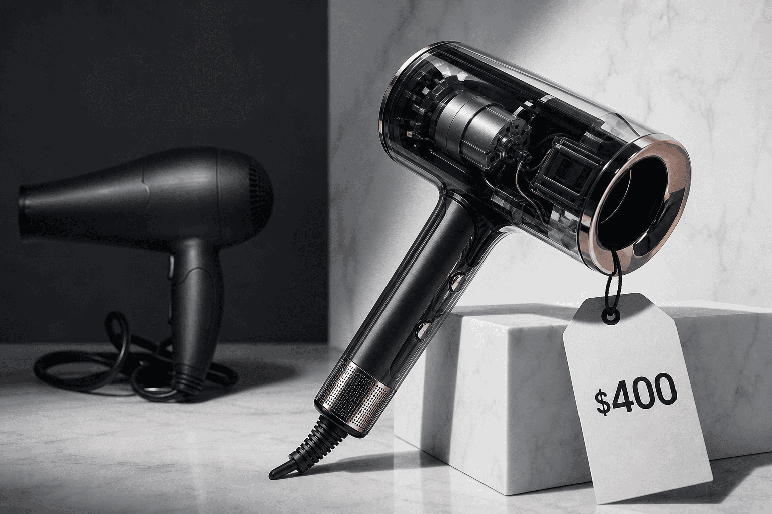 Premium hair dryer with transparent body revealing internal components, priced at $400, beside a basic black hair dryer